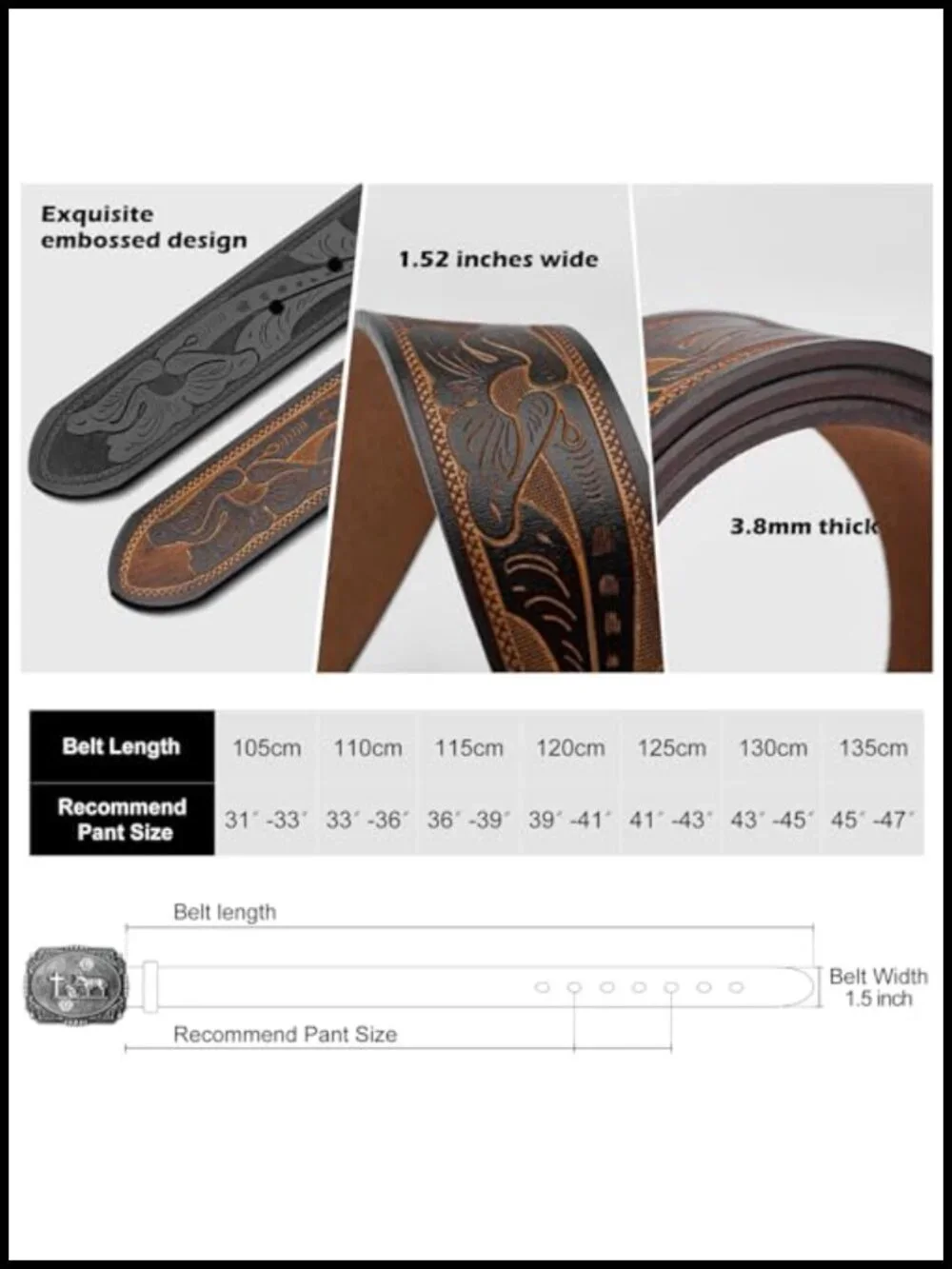 Western Cowboy Belt with Bull Horn Engraved Buckle